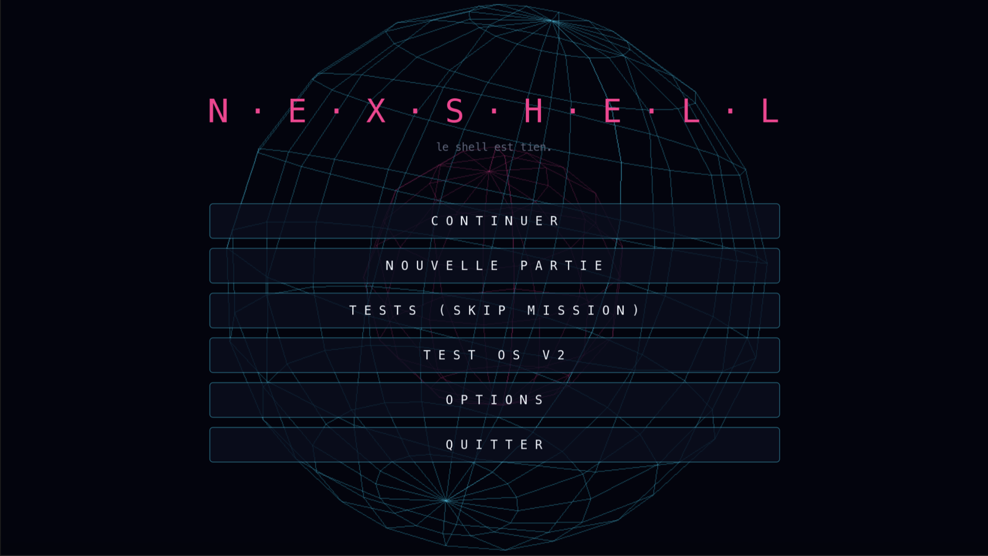 Écran titre NEXSHELL avec logo hexagonal cyan