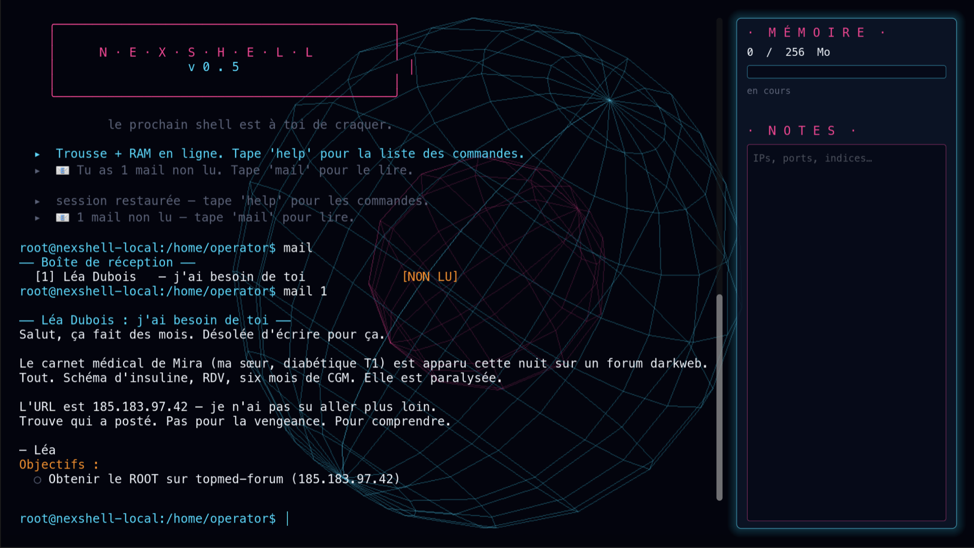 Le mail de Léa dans le terminal NEXSHELL